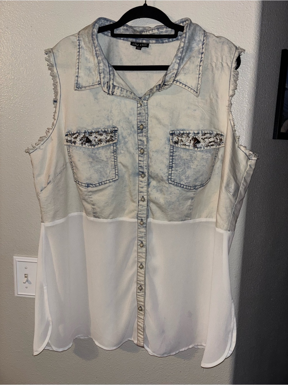 City Chic Acid Wash Jeweled Pocket Tunic Blouse Sz XXL Plus